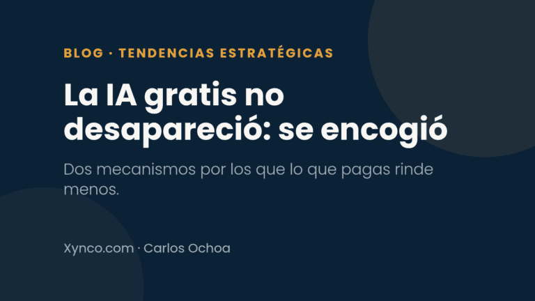 Ilustración tipográfica con el título «La IA gratis no desapareció: se encogió», de Xynco.